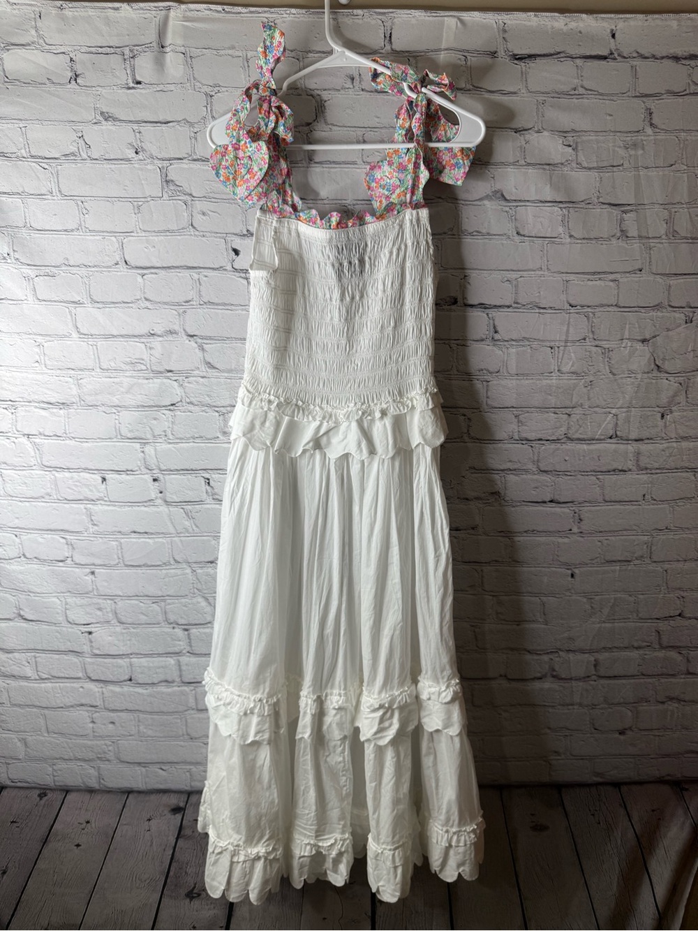 Horror Vacui White Maxi Sundress with Floral Tie Straps small